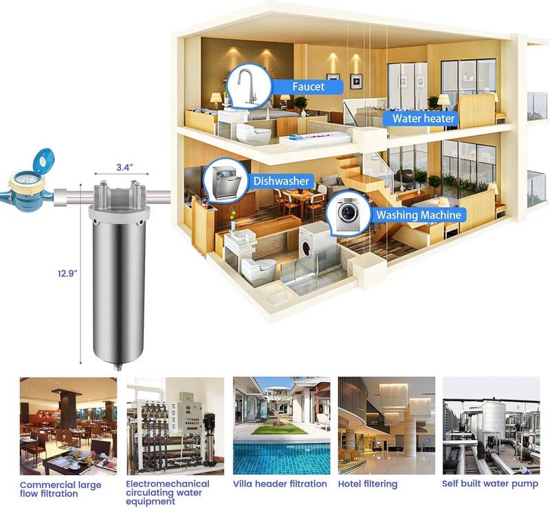 Amwater NSF/ANSI 42 Certification Stainless Steel Filter Housing for 10"/ 20" Filter Cartridge, 1/2" NPT Water Filter Housing for Whole House Water Purification of Stainless Steel 304 (10" C Housing) - Image 4